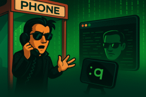 Matrix phone booth as agent terminal closes in, and a cute, helpful terminal comes to man in phonebooth with ":q" Vim command.