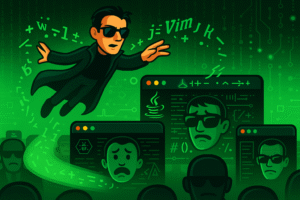 Man wearing sunglasses and black outfit inside a computer, flying over terminals with faces on them as Vim commands emanate from him.
