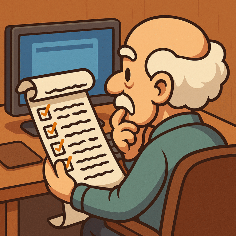 A thoughtful old man looking at a checklist written on a scroll while sitting at a desk in front of a computer
