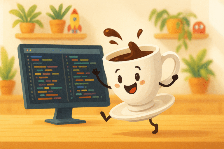 Playful illustration of a smiling coffee cup with a saucer dancing in front of a colorful IntelliJ code editor, set on a bright wooden desk in a sunny, plant-filled home office.
